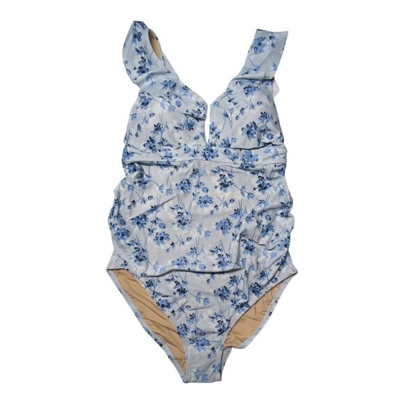 A Pea in the Pod Maternity Swimsuit Coquette Ditsy Floral Ruffle Deep V Large - Picture 1 of 11